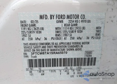 2025 Ford Maverick Lobo Standard z USA, uszkodzony, nr VIN 3FTCW8TA1SRA65070